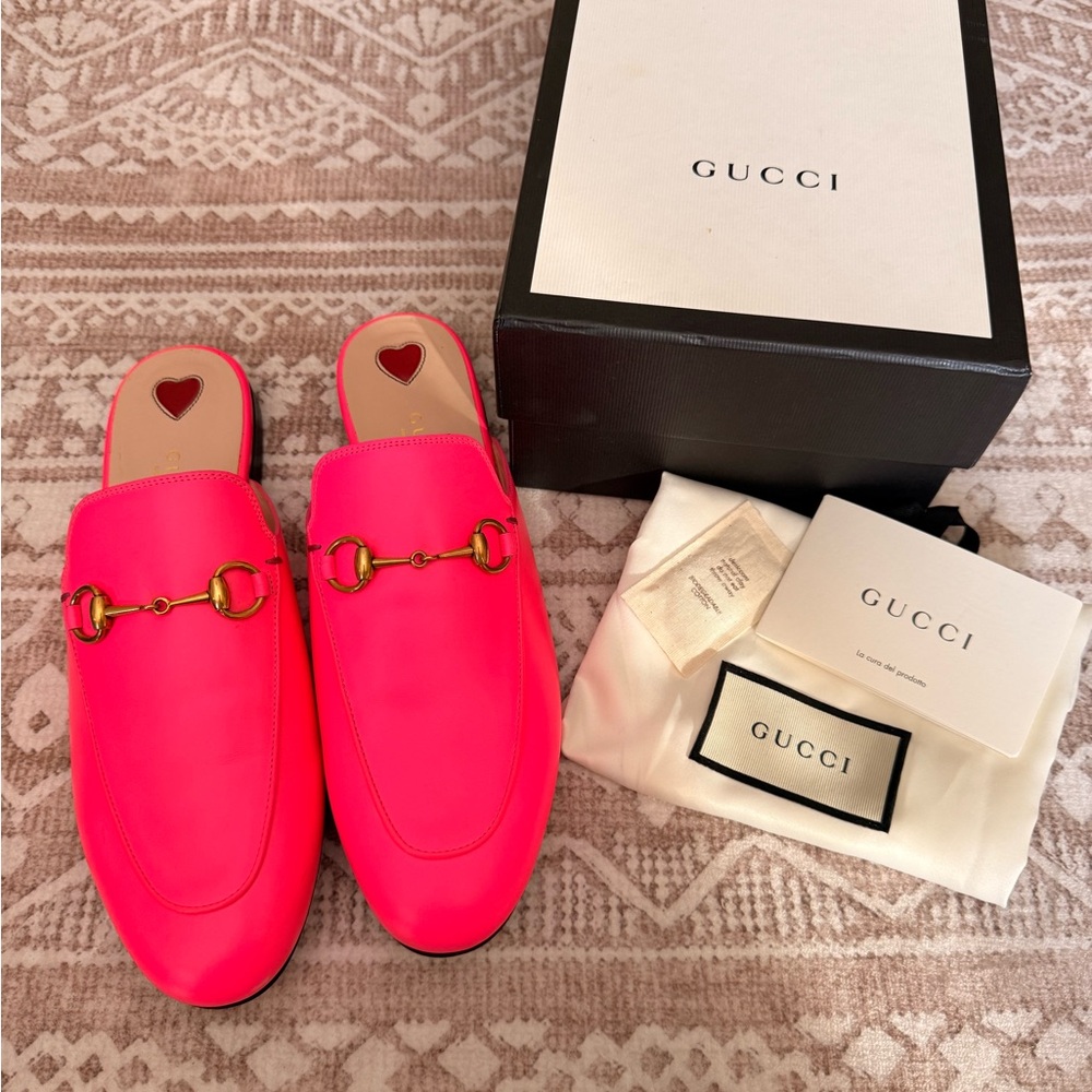 Gucci Pink Leather Horsebit Princetown Backless Loafers w/ non slip pads